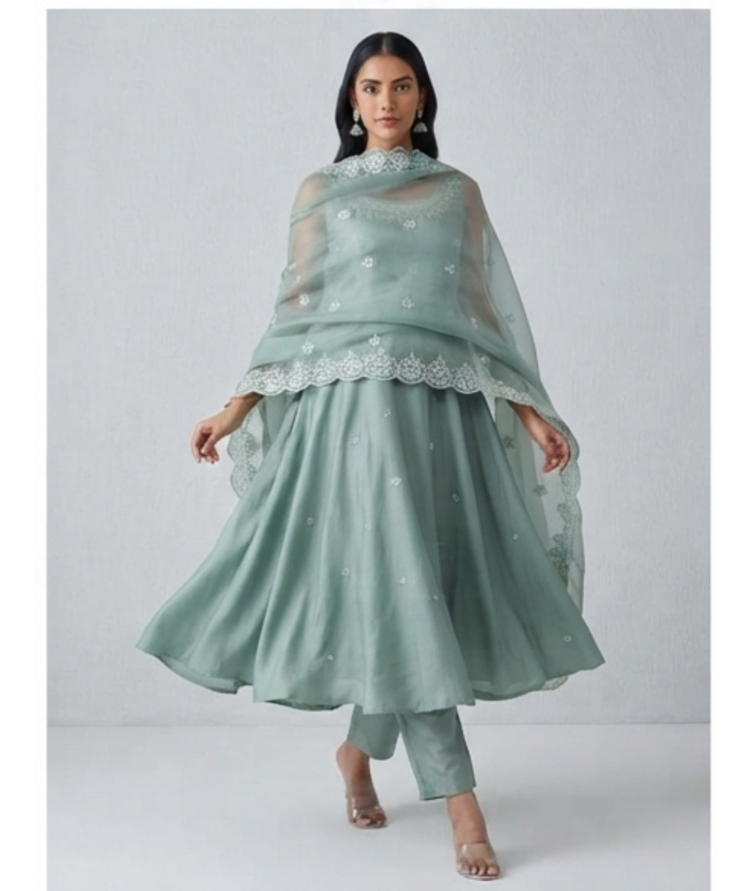 Sage Green Embroidered Umbrella-Cut Suit Set with Scalloped Organza Dupatta