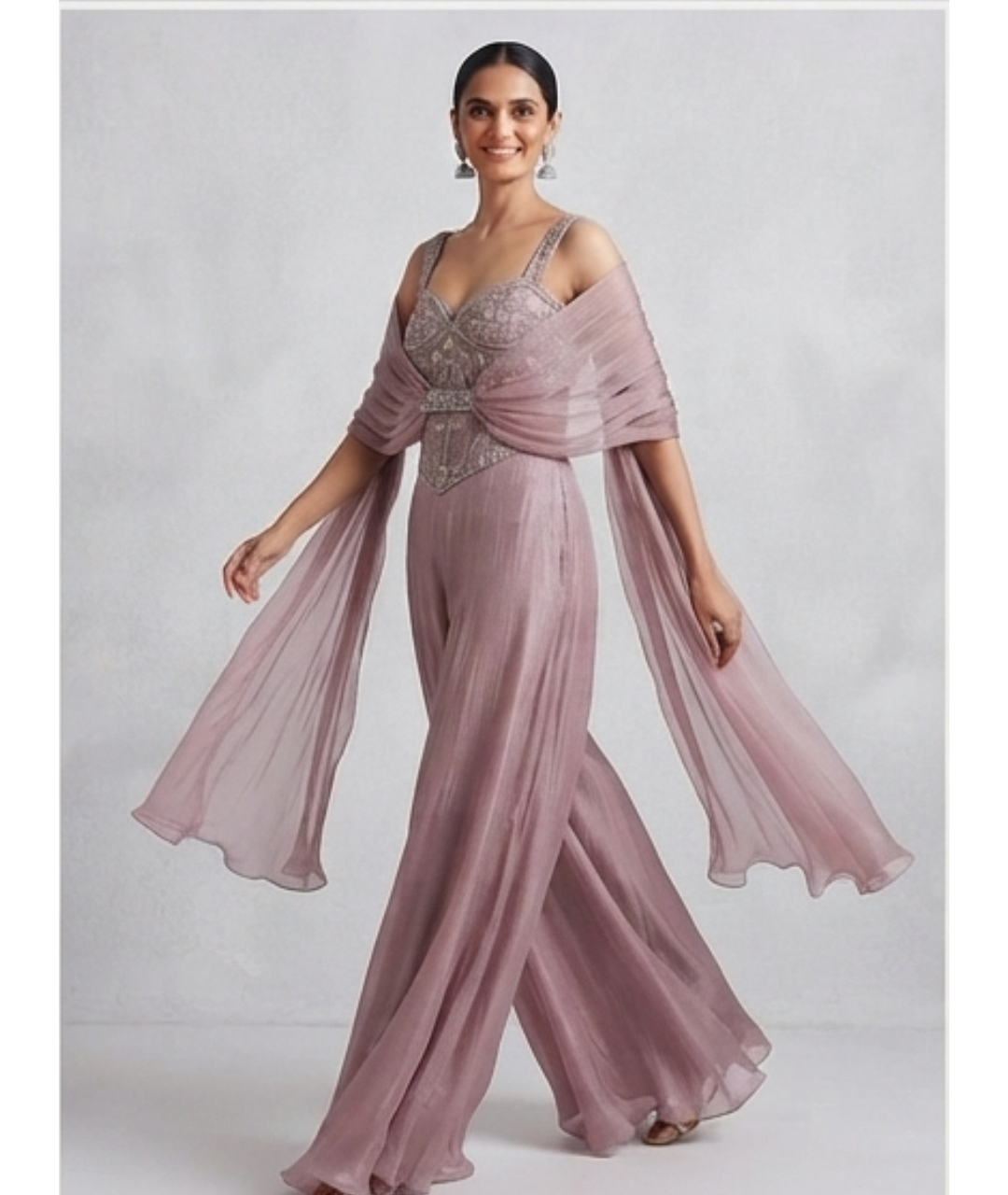 Ethereal Mauve Embroidered Corset Jumpsuit with Draped Neck Scarf