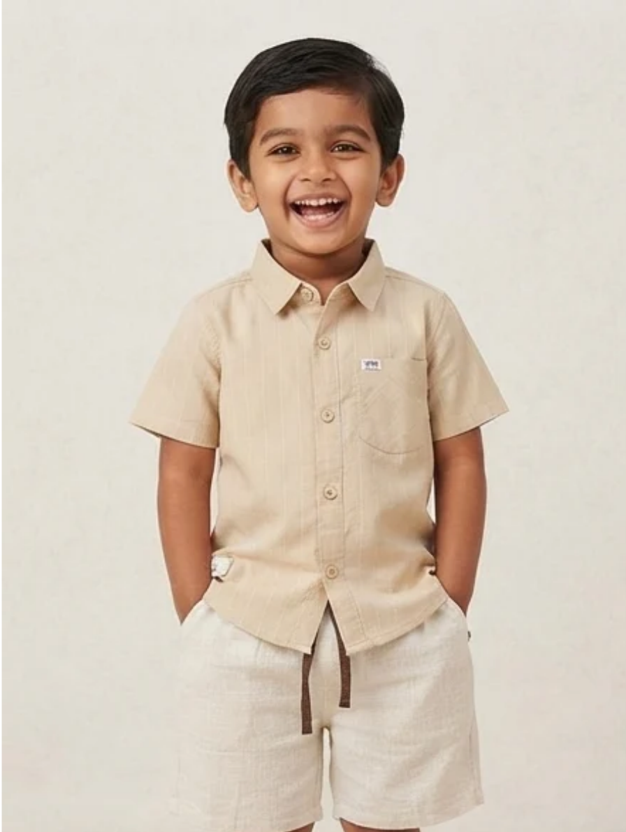 Boys Beige Pinstripe Shirt & Textured Shorts Set