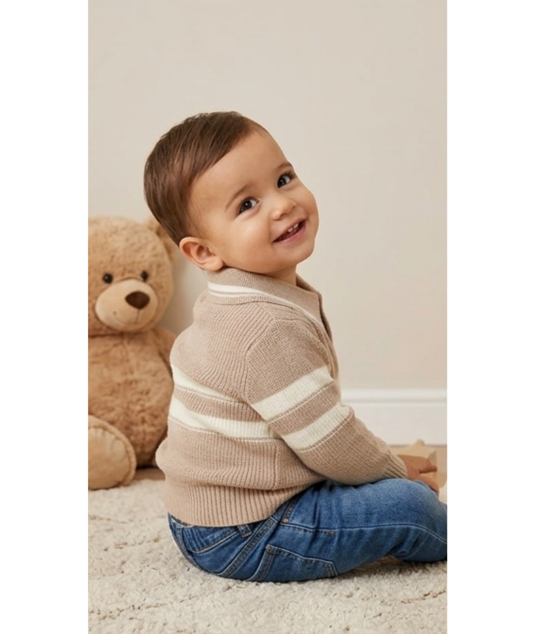Toddler Boys Preppy Collared Knit Sweater – Beige & Cream Stripe with Monogram Patch