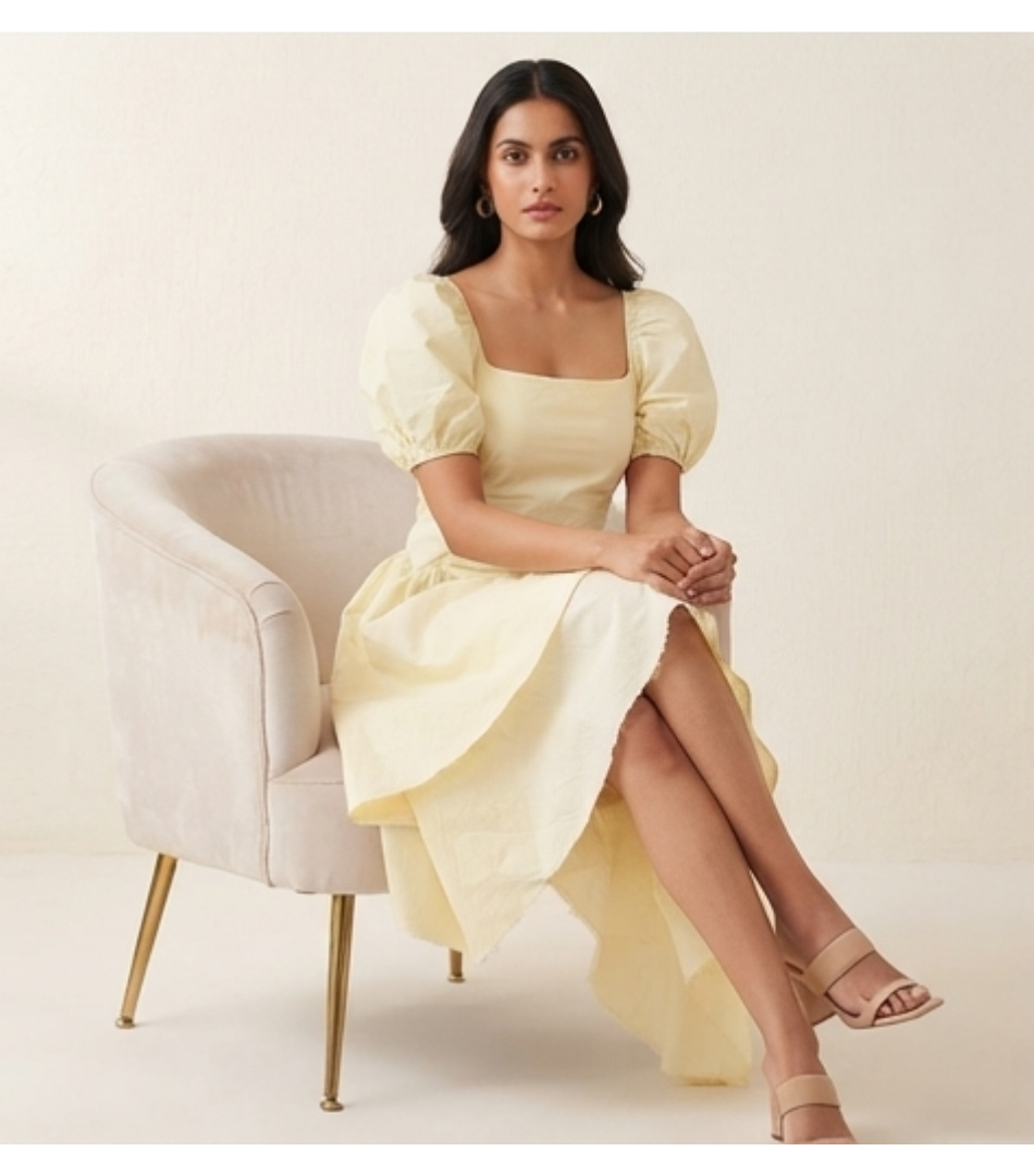 Pale Yellow Puff-Sleeve Asymmetric Midi Dress