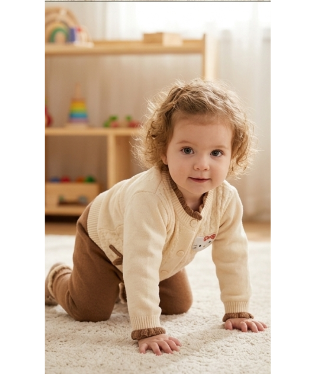 Toddler Girls Ruffle Collar Cable-Knit Cardigan & Pants Set – Cream & Mocha Brown