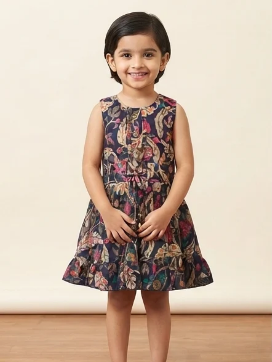 Navy Blue Floral Print Sleeveless Frock
