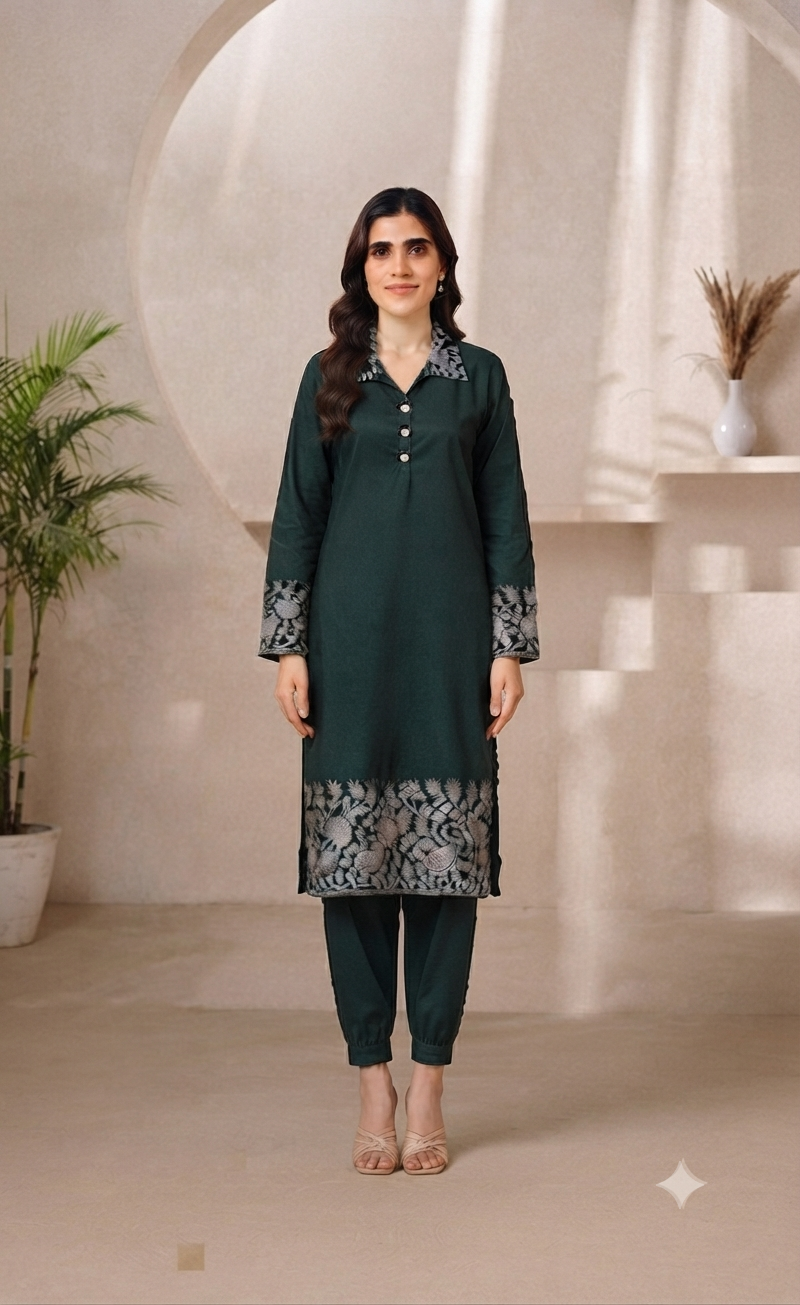 Emerald Green Embroidered Collared Suit Set