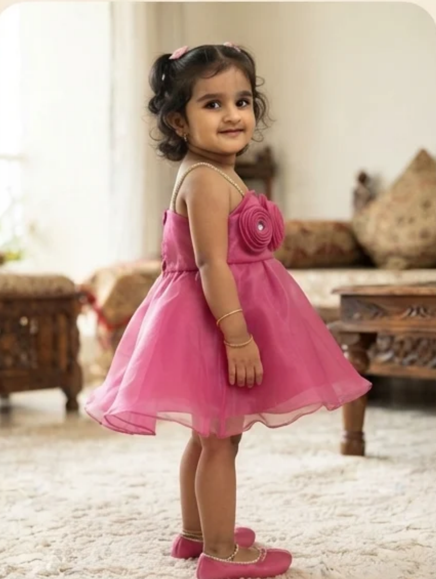 Fuchsia Organza Tiered Party Dress with Triple Rosette Bodice and Beaded Straps