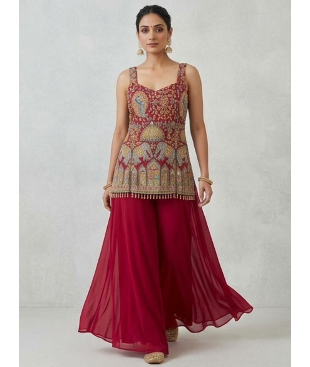 Crimson Red Heavy Embellished Short Kurti with Flared Sharara Set