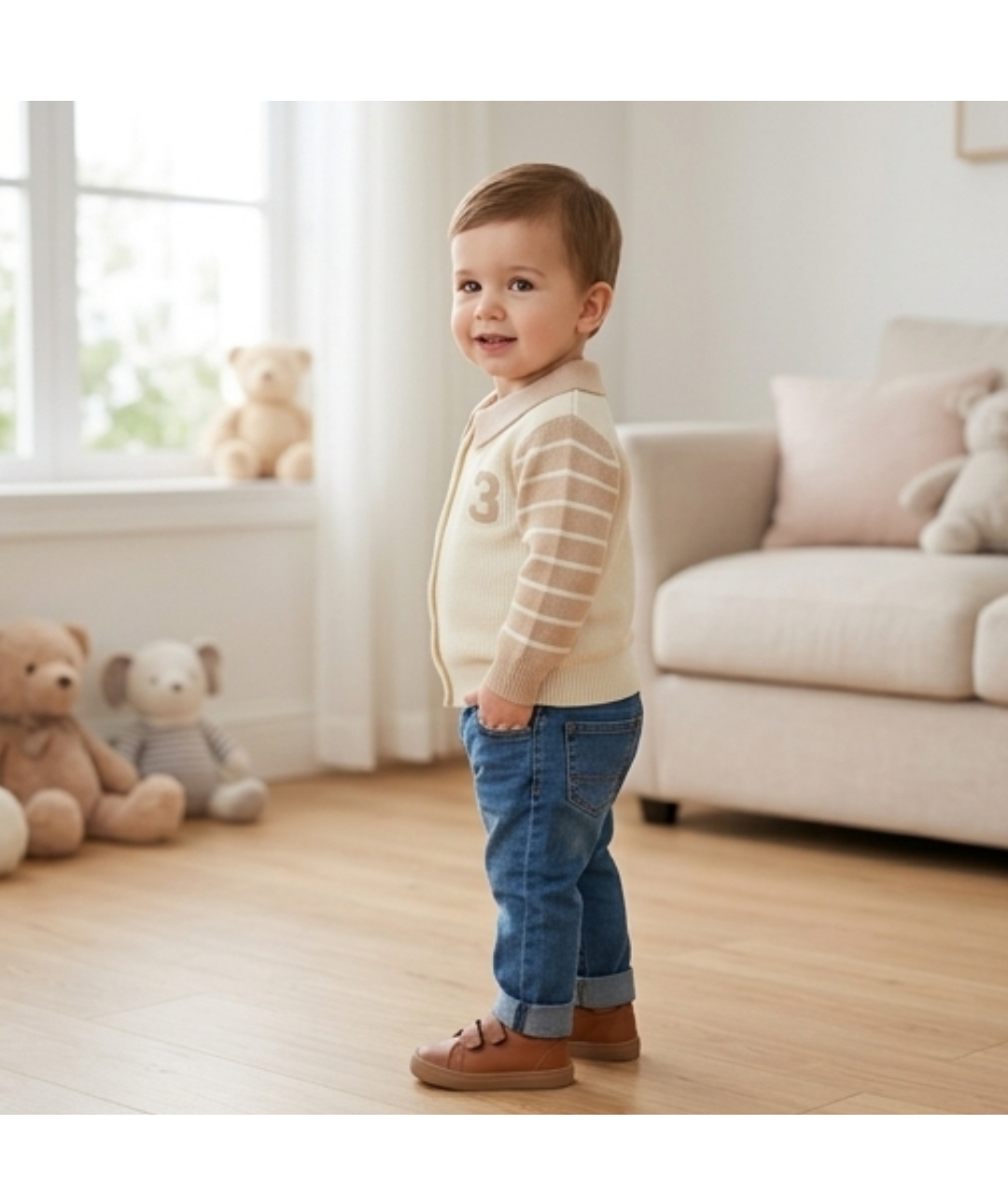 Toddler Collared Knit Cardigan Sweater – Off-White & Beige with "23" Patch