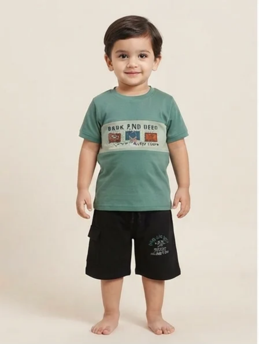 Sage Green T-Shirt & Black Shorts Set