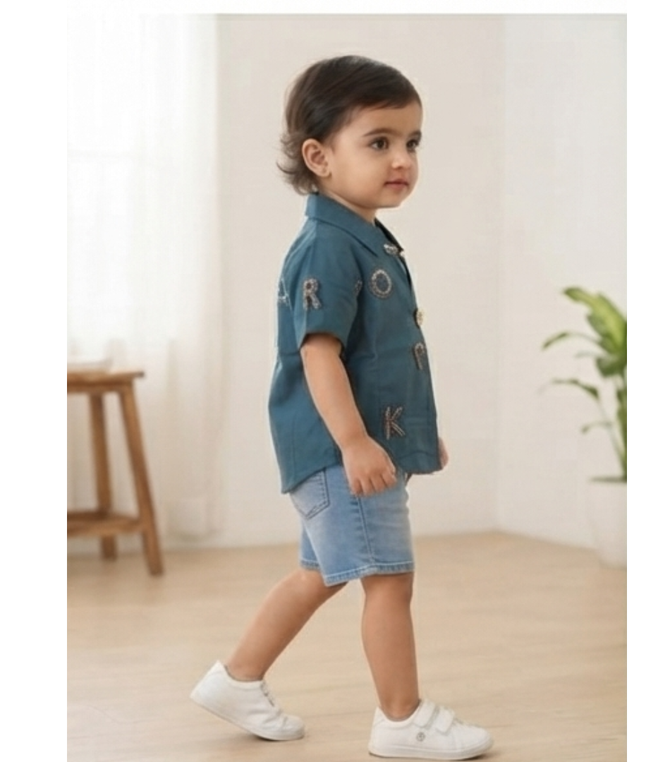 Teal Blue Alphabet Embellished Short-Sleeve Shirt