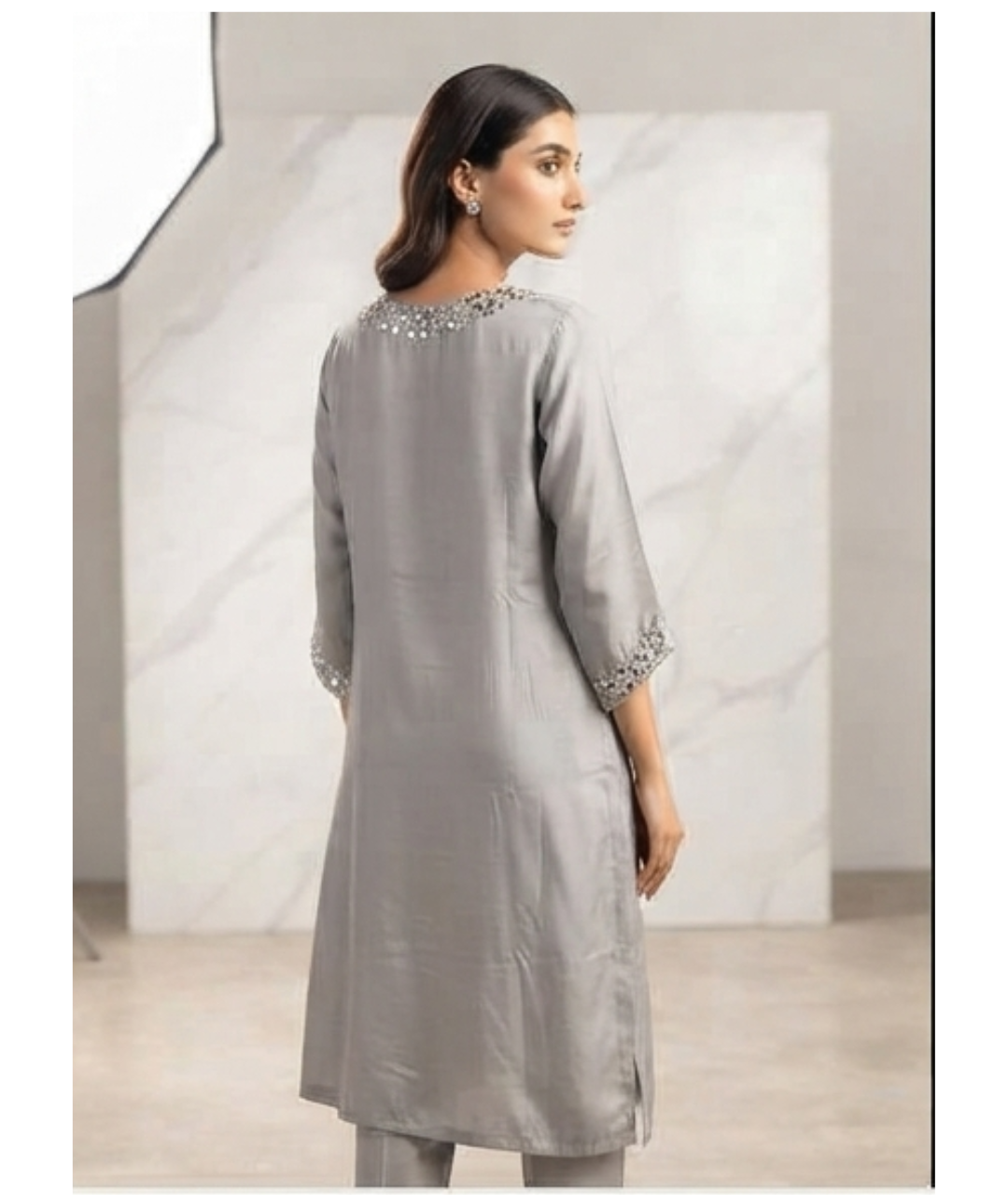 Elegant Grey Mirror-Work Straight Kurti Set