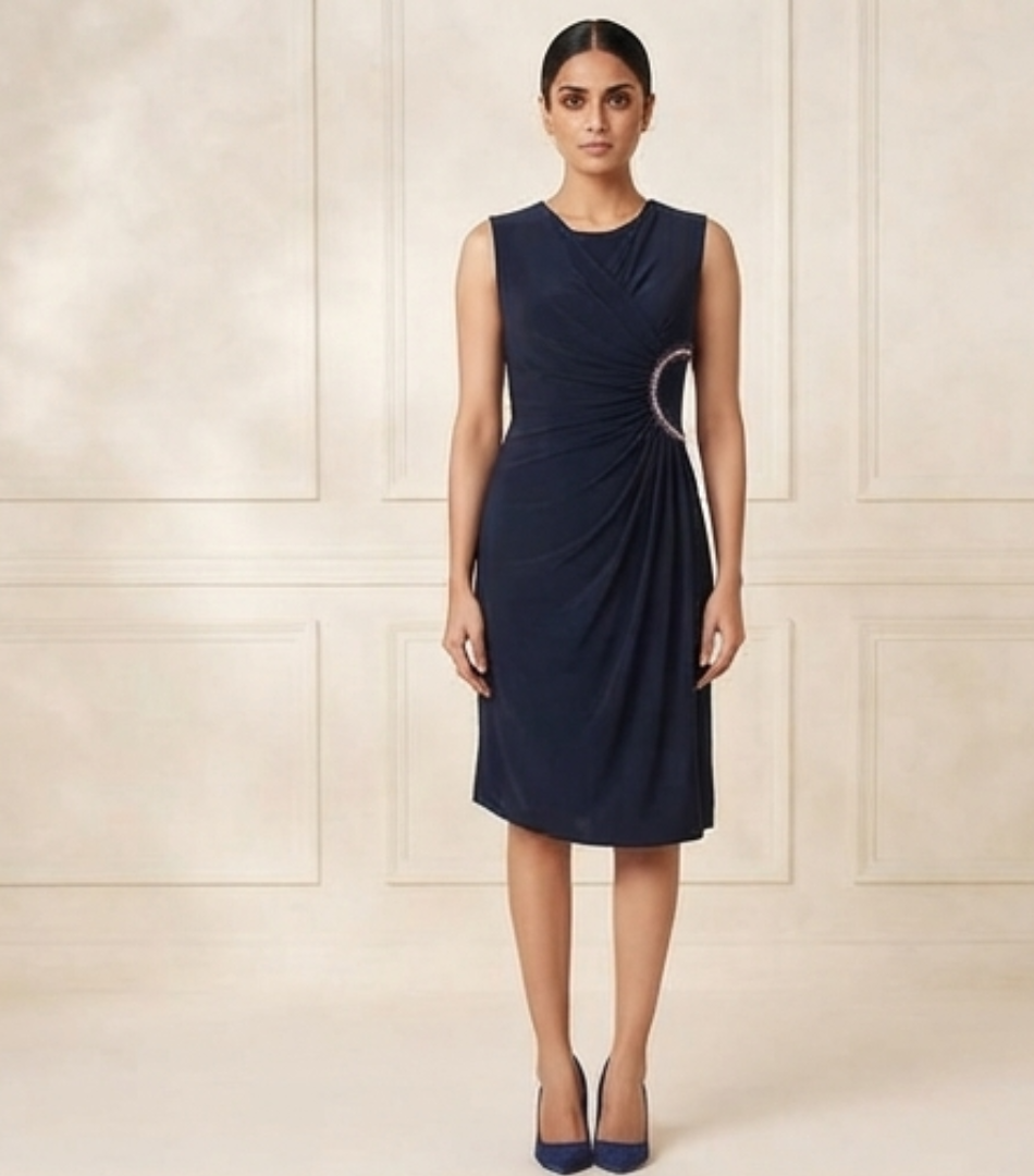 Navy Blue Draped Cocktail Dress with Crystal Side Accent