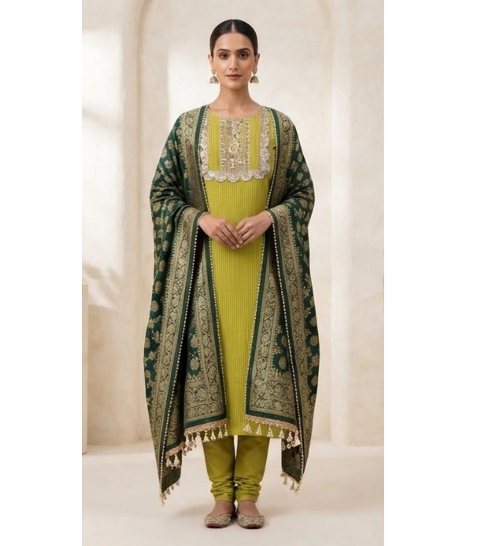 Chartreuse Striped Straight Kurta Set with Contrast Dark Green Dupatta