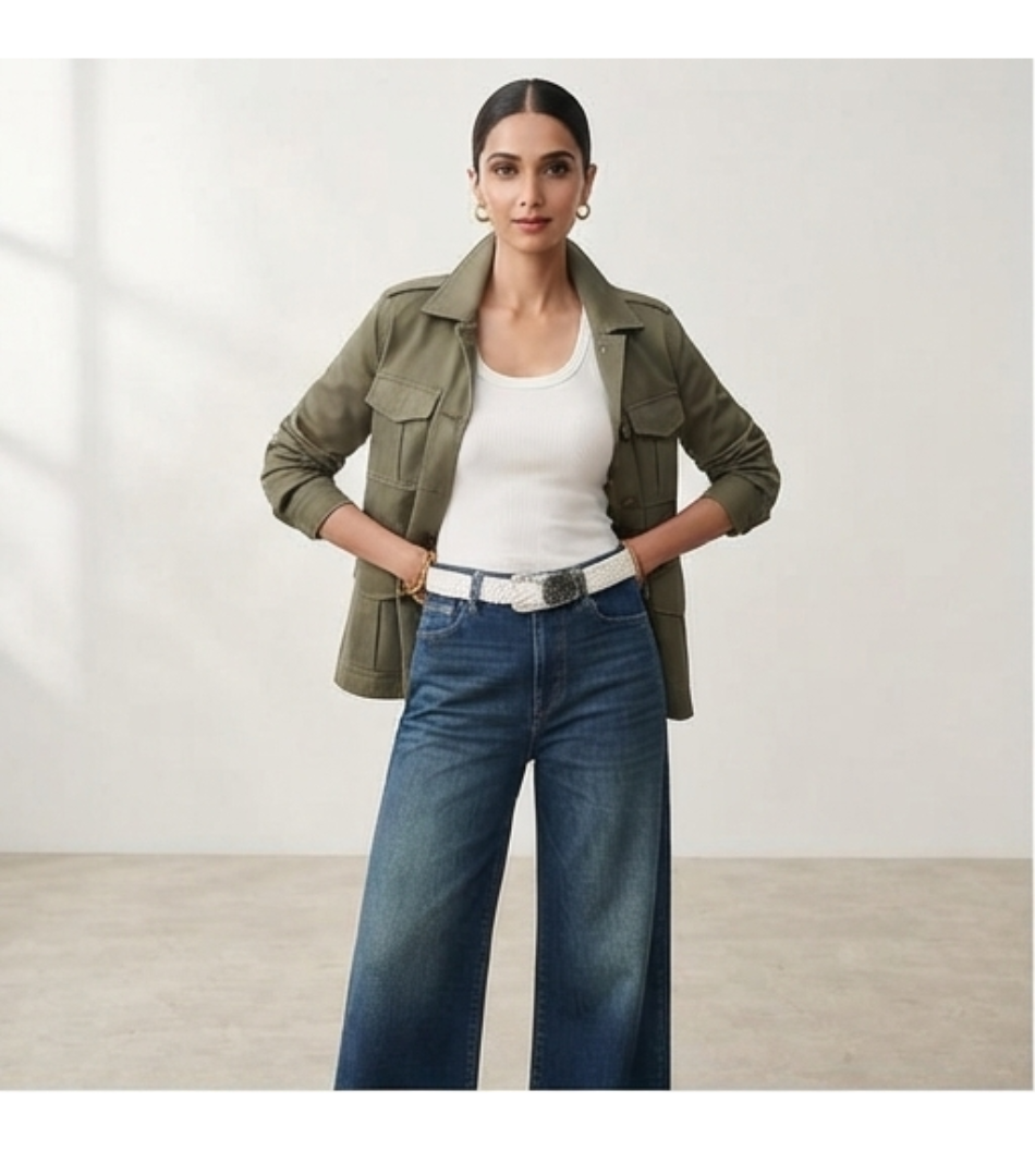 High-Rise Relaxed-Fit Denim Jeans with White Braided Belt