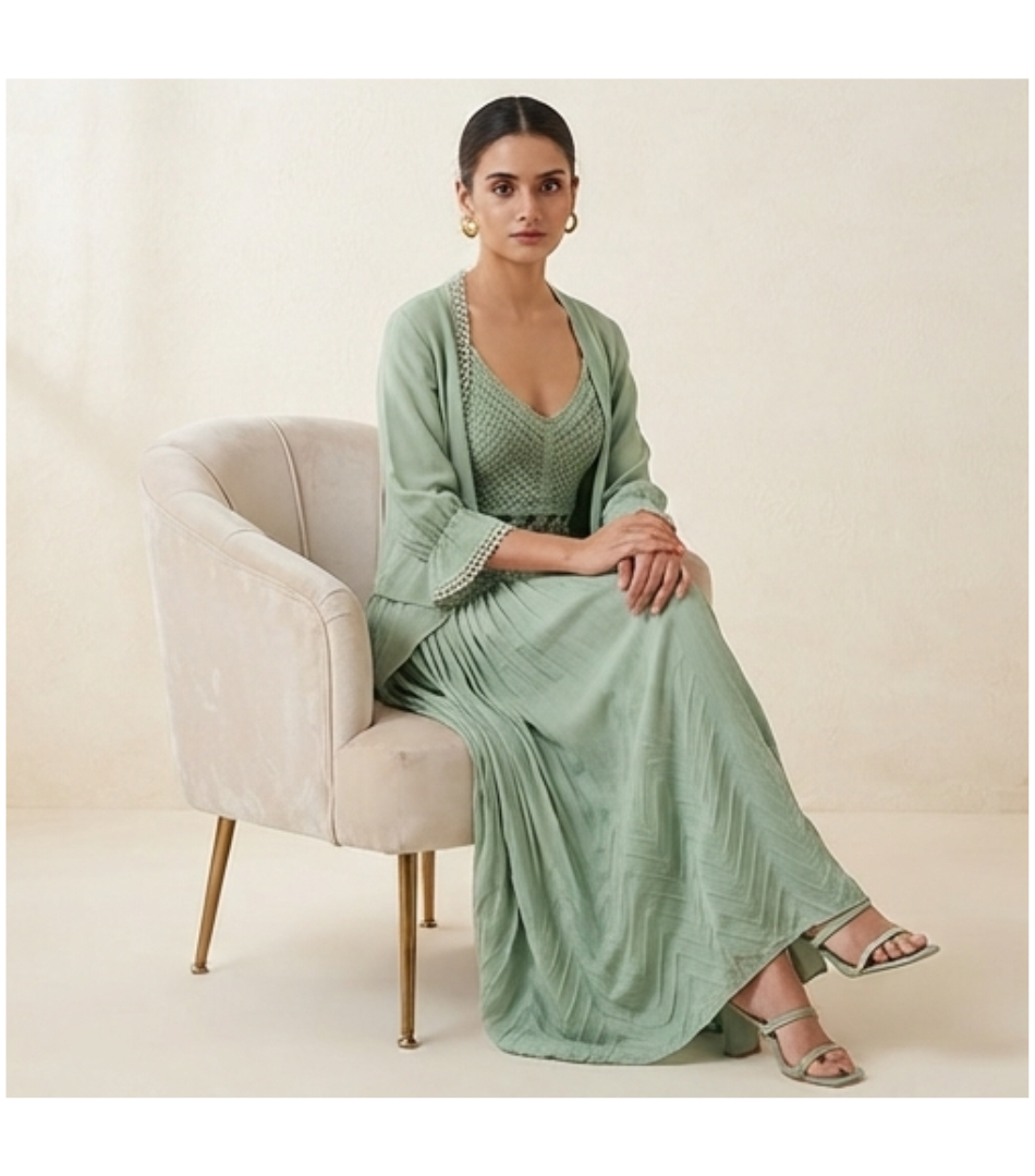 Sage Green Pleated Maxi Dress with Matching Cape Set