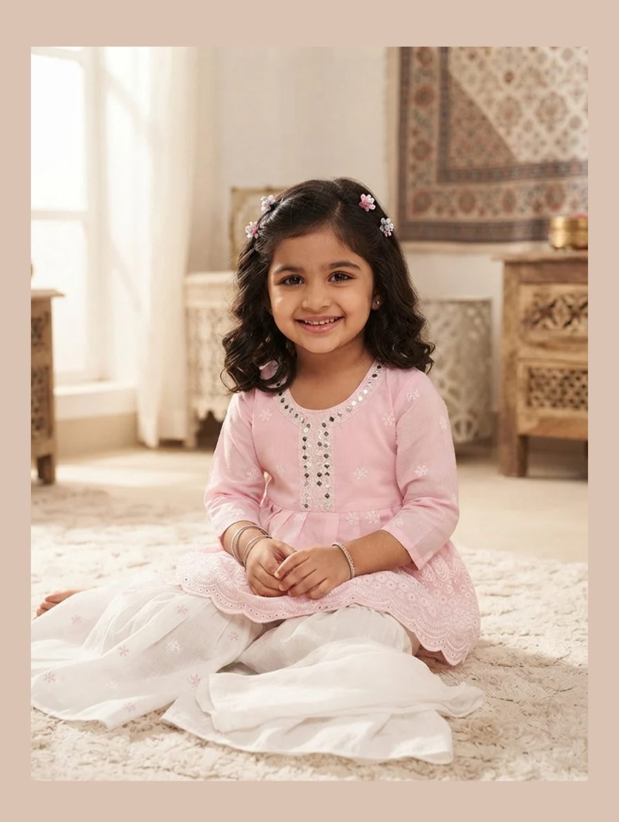 Pink Mirror-Work Peplum Top with White Sharara Set
