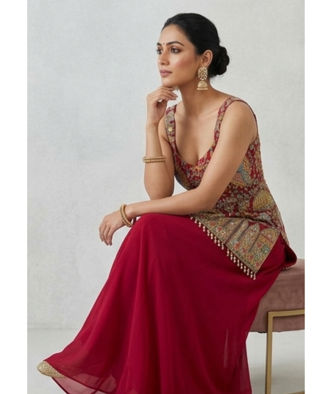 Crimson Red Heavy Embellished Short Kurti with Flared Sharara Set
