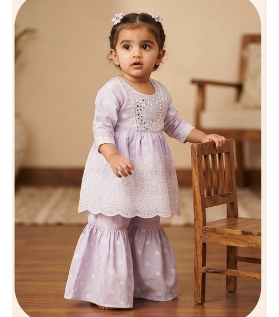 Adorable Lavender Chikankari Mirror-Work Gharara Set for Toddlers