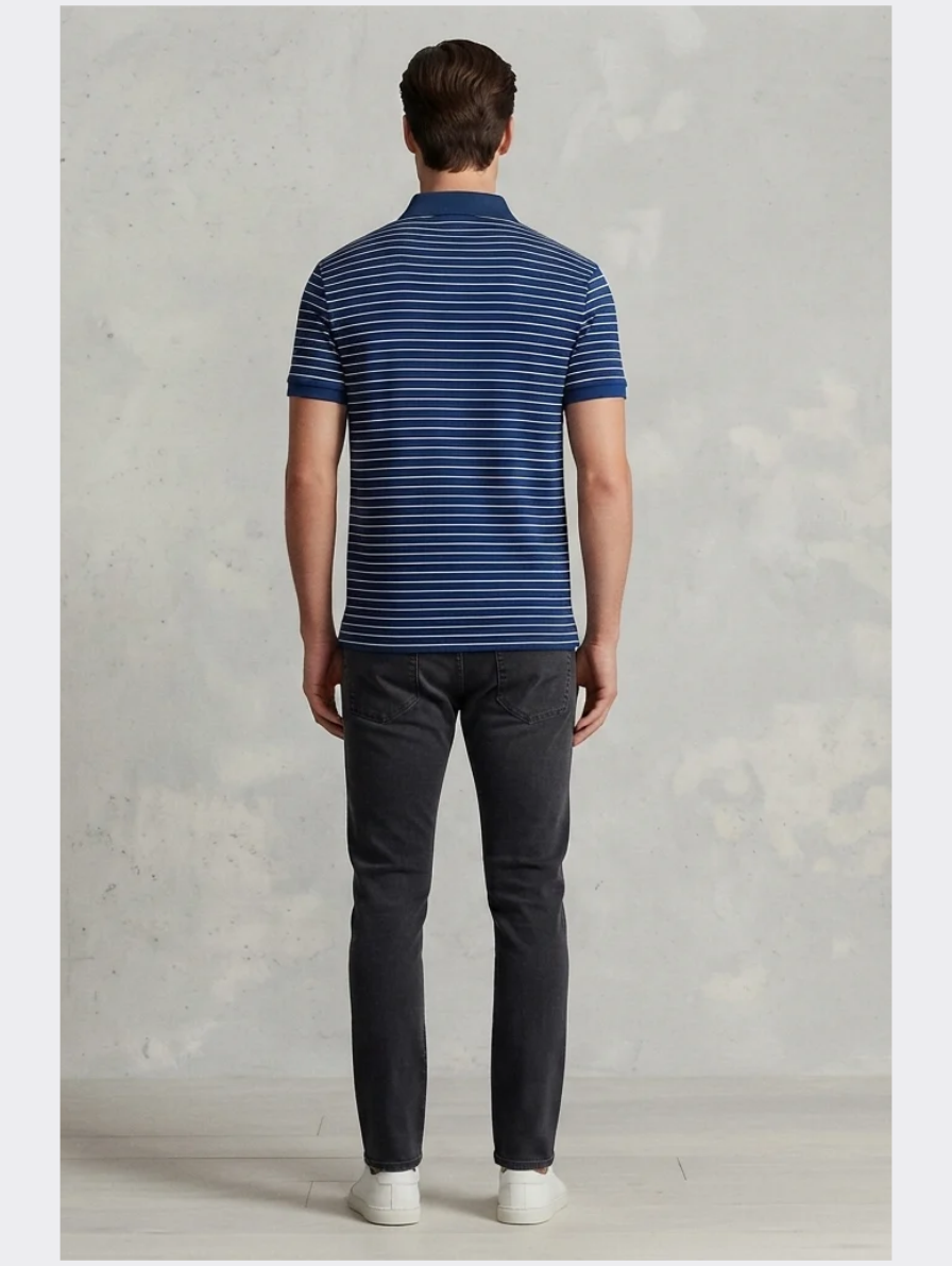 Navy Blue and White Micro-Striped Polo Shirt