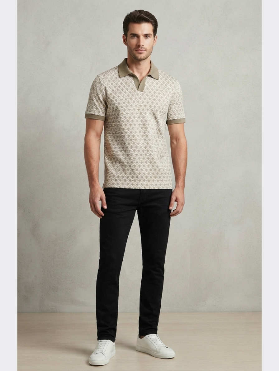 Beige Geometric Diamond-Pattern Knit Polo Shirt