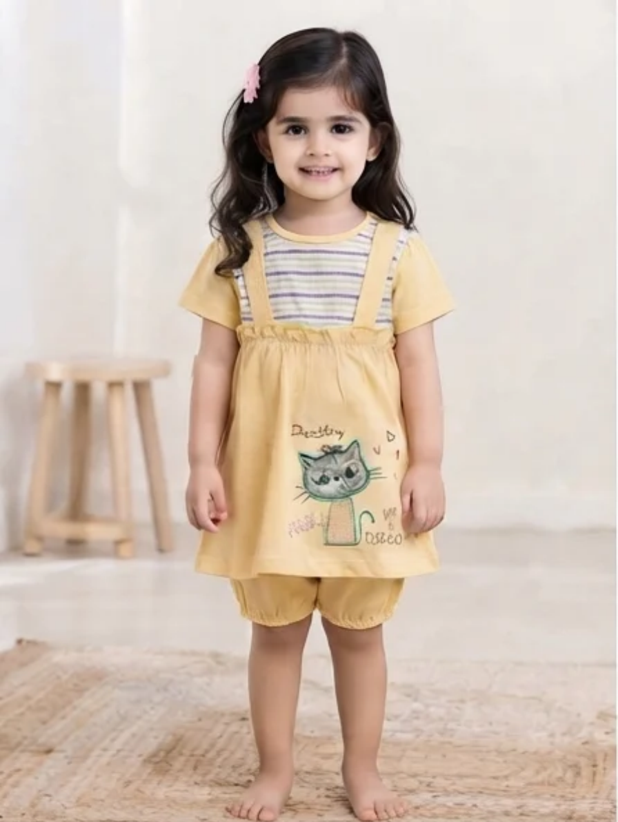 Girls' Pastel Yellow Striped Bodice Dress with Cat Embroidery & Bloomer Shorts