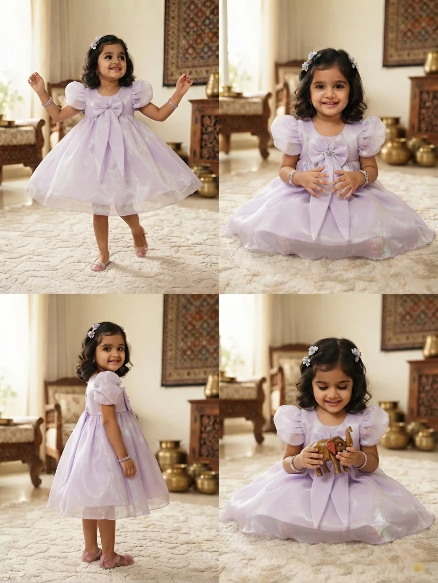 Lavender Iridescent Puff Sleeve Party Dress with Front Bow