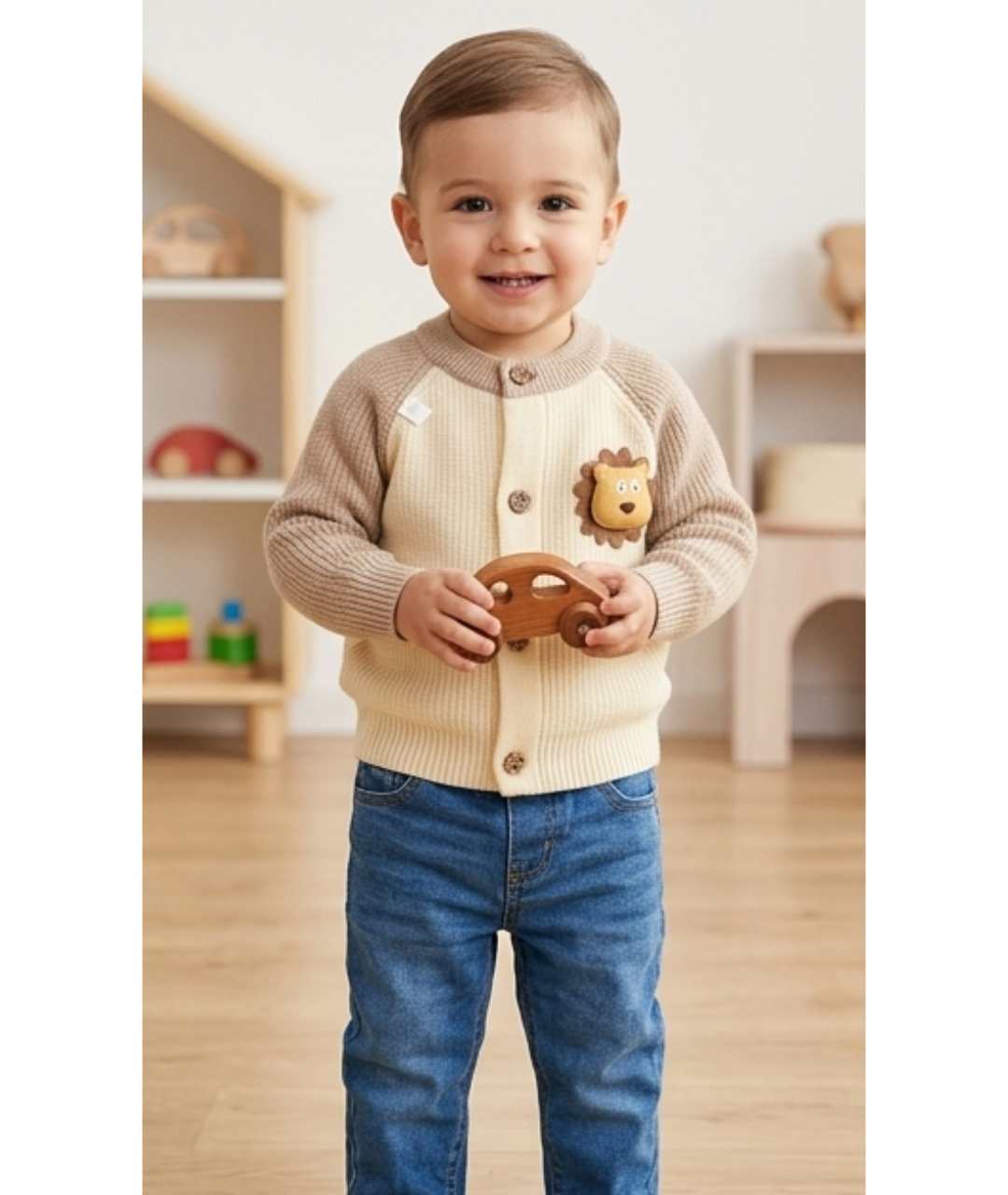 Toddler Boys Colorblock Raglan Knit Cardigan – Off-White & Mocha with Lion Patch