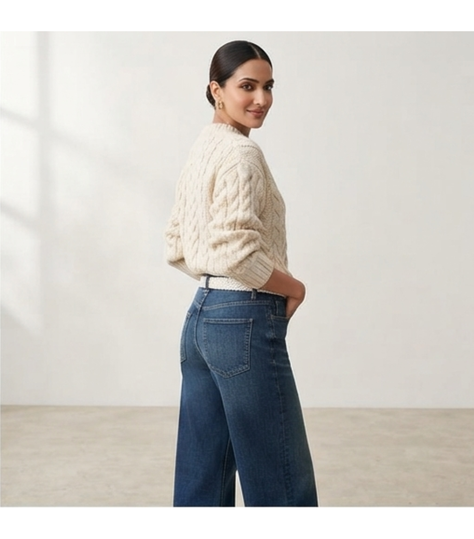 High-Rise Relaxed-Fit Denim Jeans with White Braided Belt