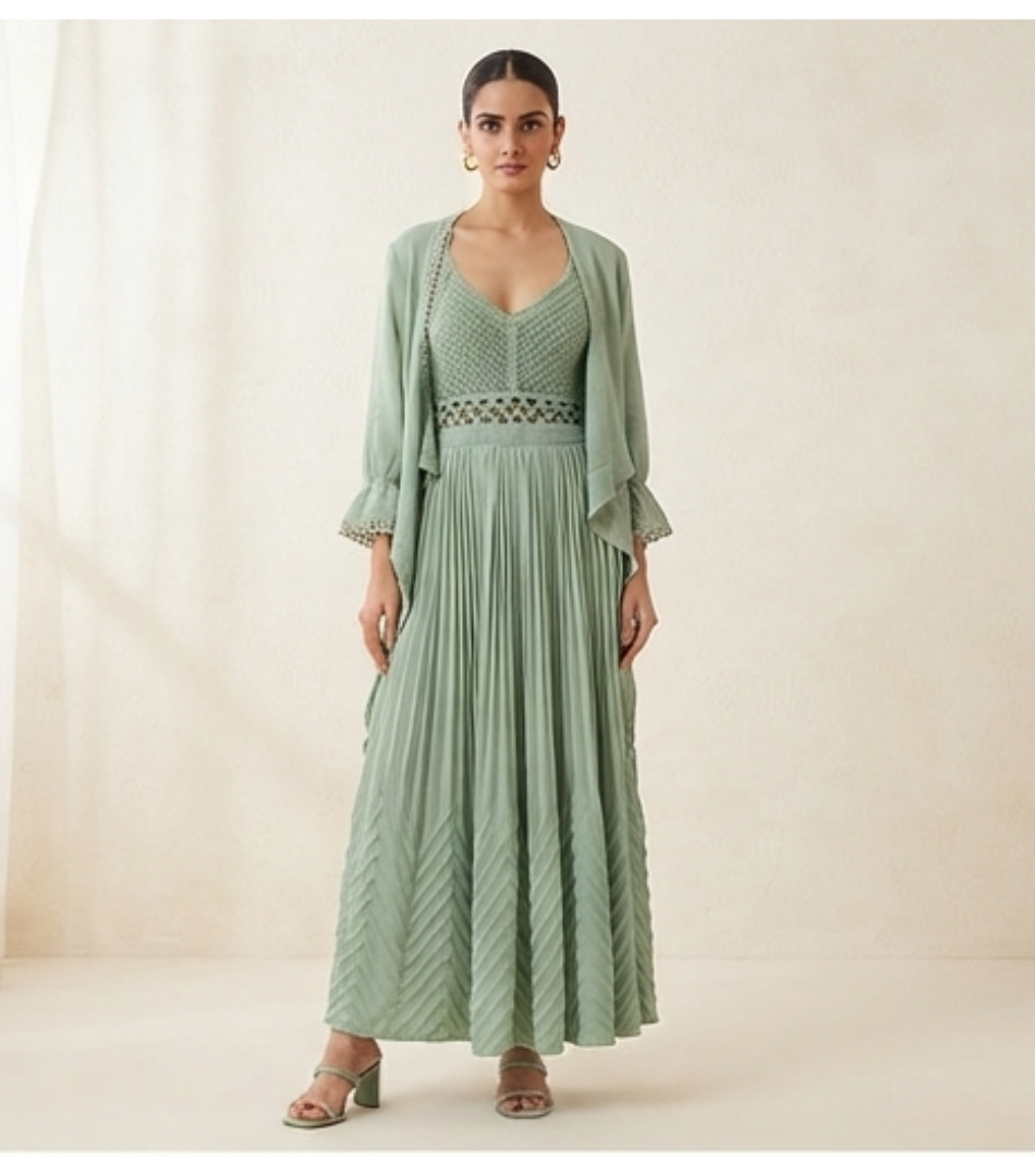 Sage Green Pleated Maxi Dress with Matching Cape Set