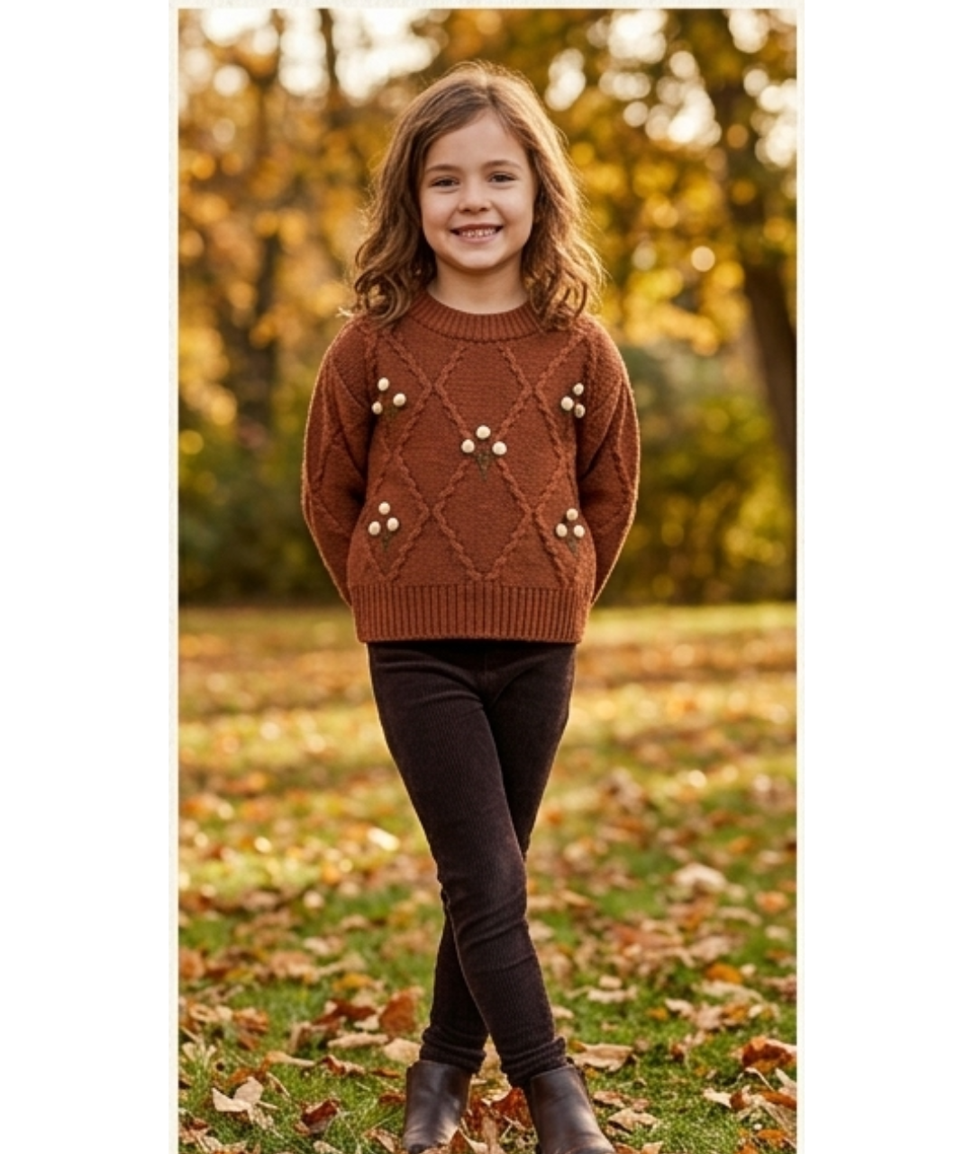 Girls’ Terracotta Cable-Knit Sweater with Pom-Pom Accents