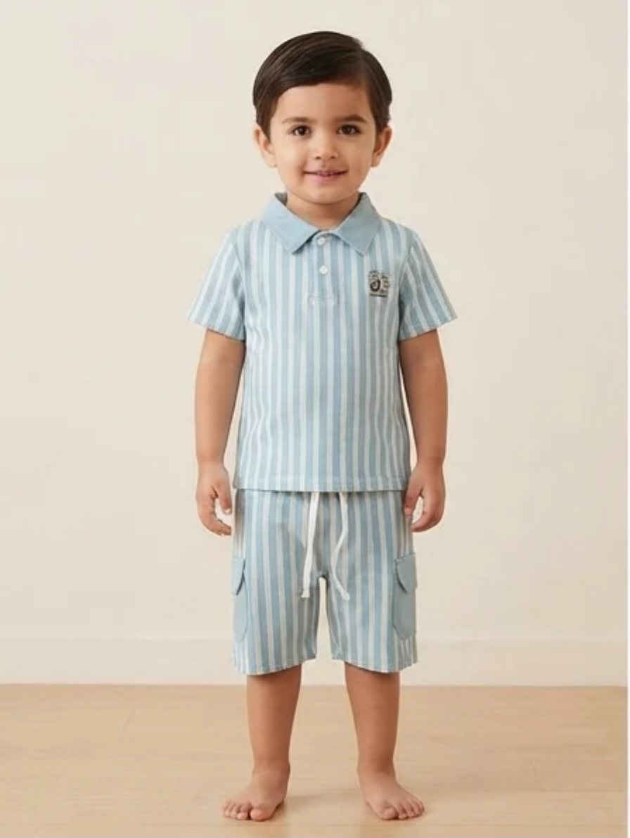 Light Blue Striped Polo Collar Short & Cargo Shorts Set