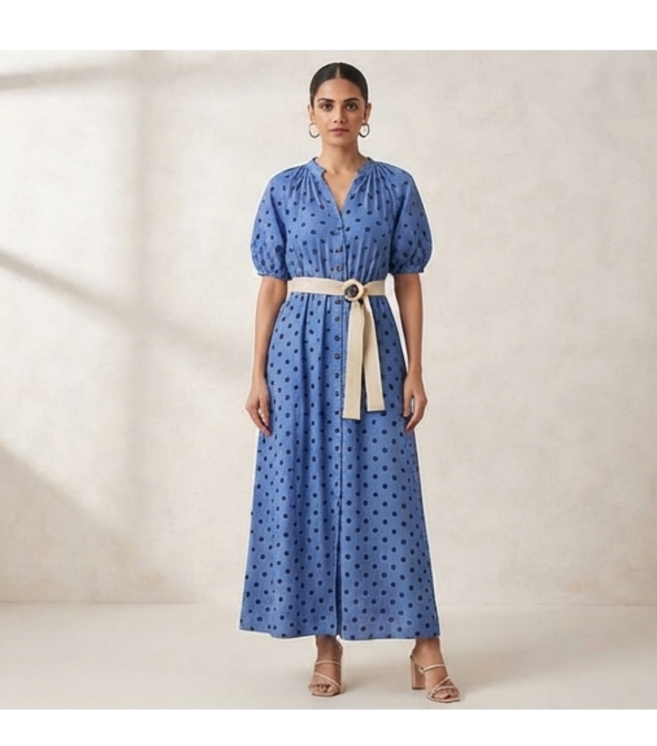 Dusty Blue Polka Dot Button-Down Maxi Dress with Belt