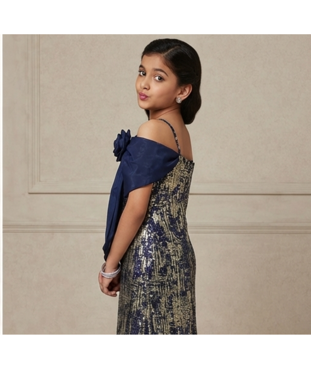 Gazab Clothing Elegant Navy Blue & Gold Abstract Sequin Gown with Statement Bow