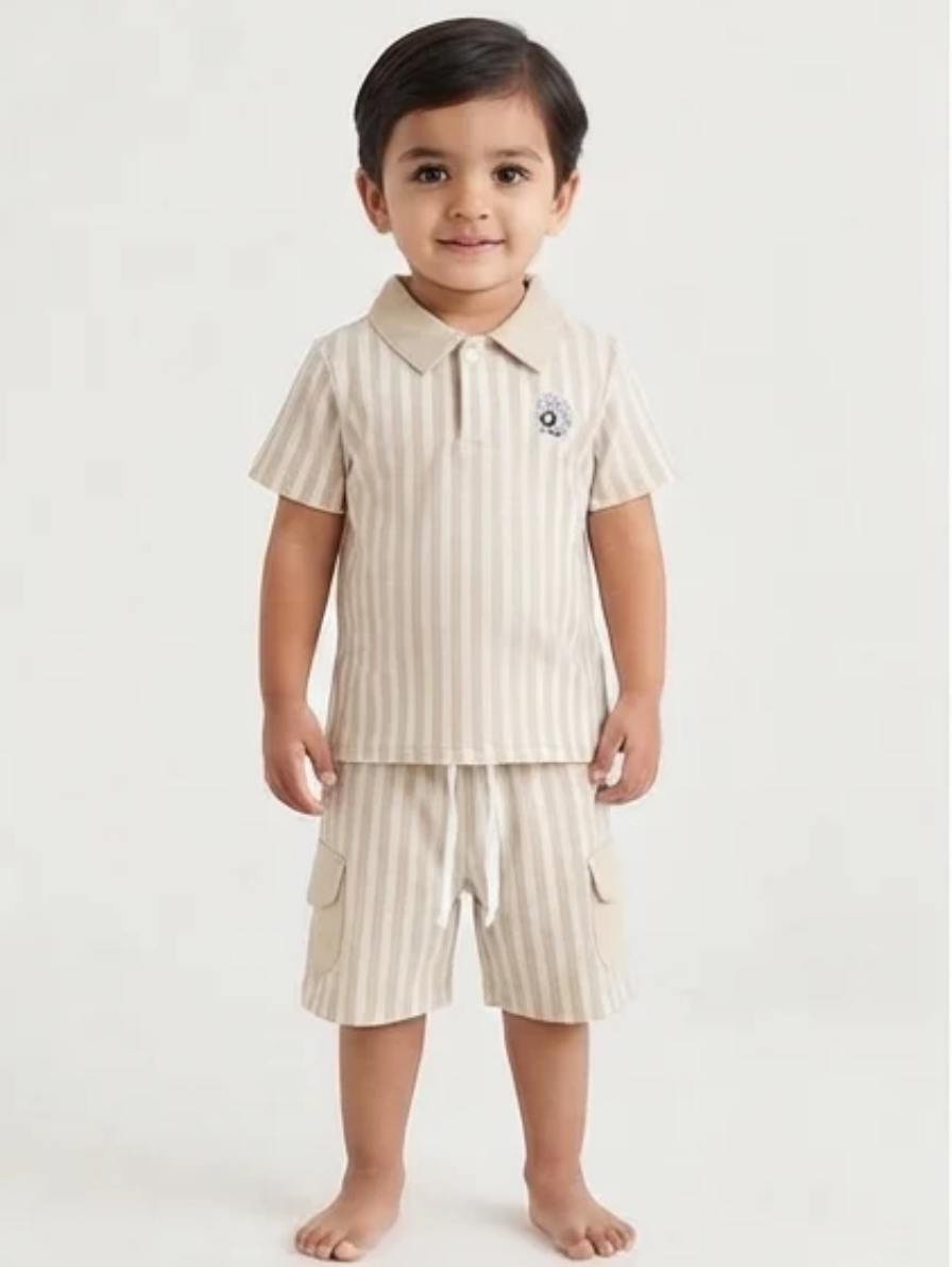 Beige & White Striped Polo Shirt & Cargo Shorts Set