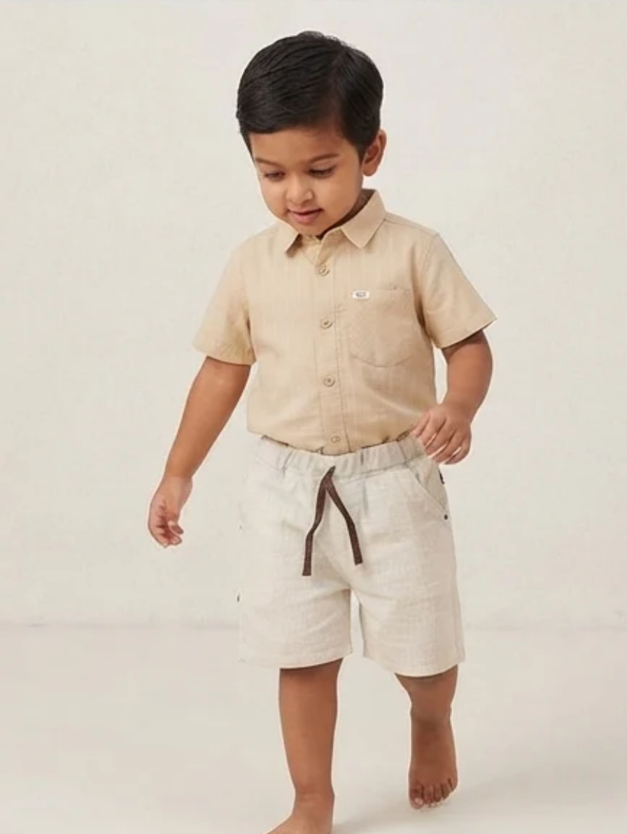 Boys Beige Pinstripe Shirt & Textured Shorts Set