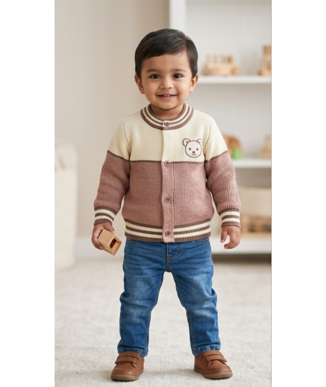 Toddler Boys Colorblock Knit Cardigan Sweater – Dusty Mauve & Cream with Bear Motif