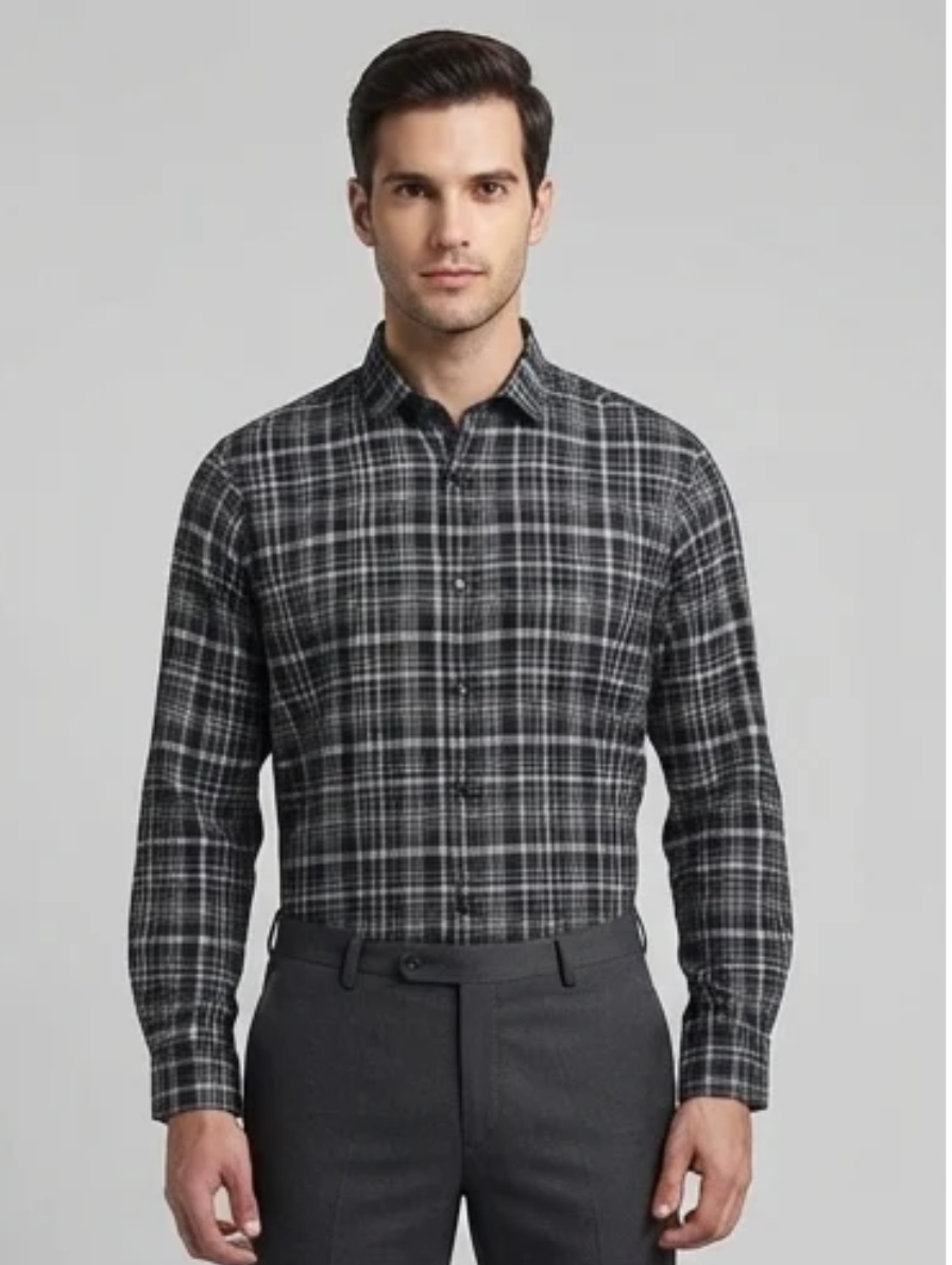 Classic Black and White Plaid Casual Flannel Shirt for Men