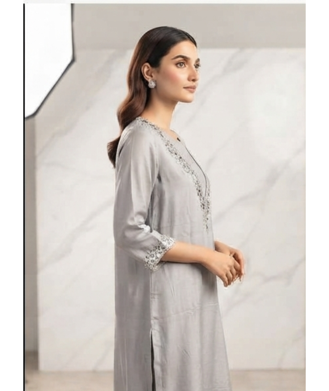Elegant Grey Mirror-Work Straight Kurti Set