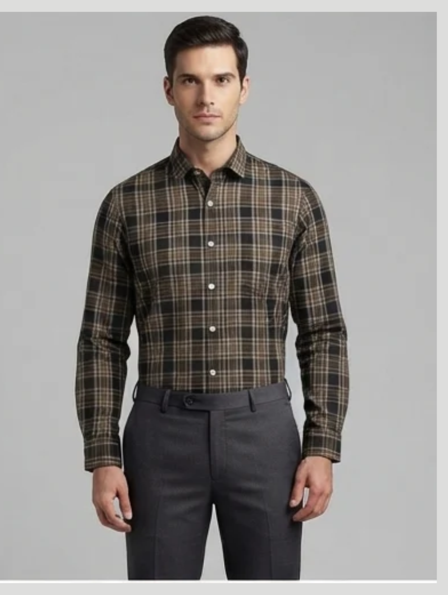Brown and Black Plaid Casual Long-Sleeve Shirt for Men