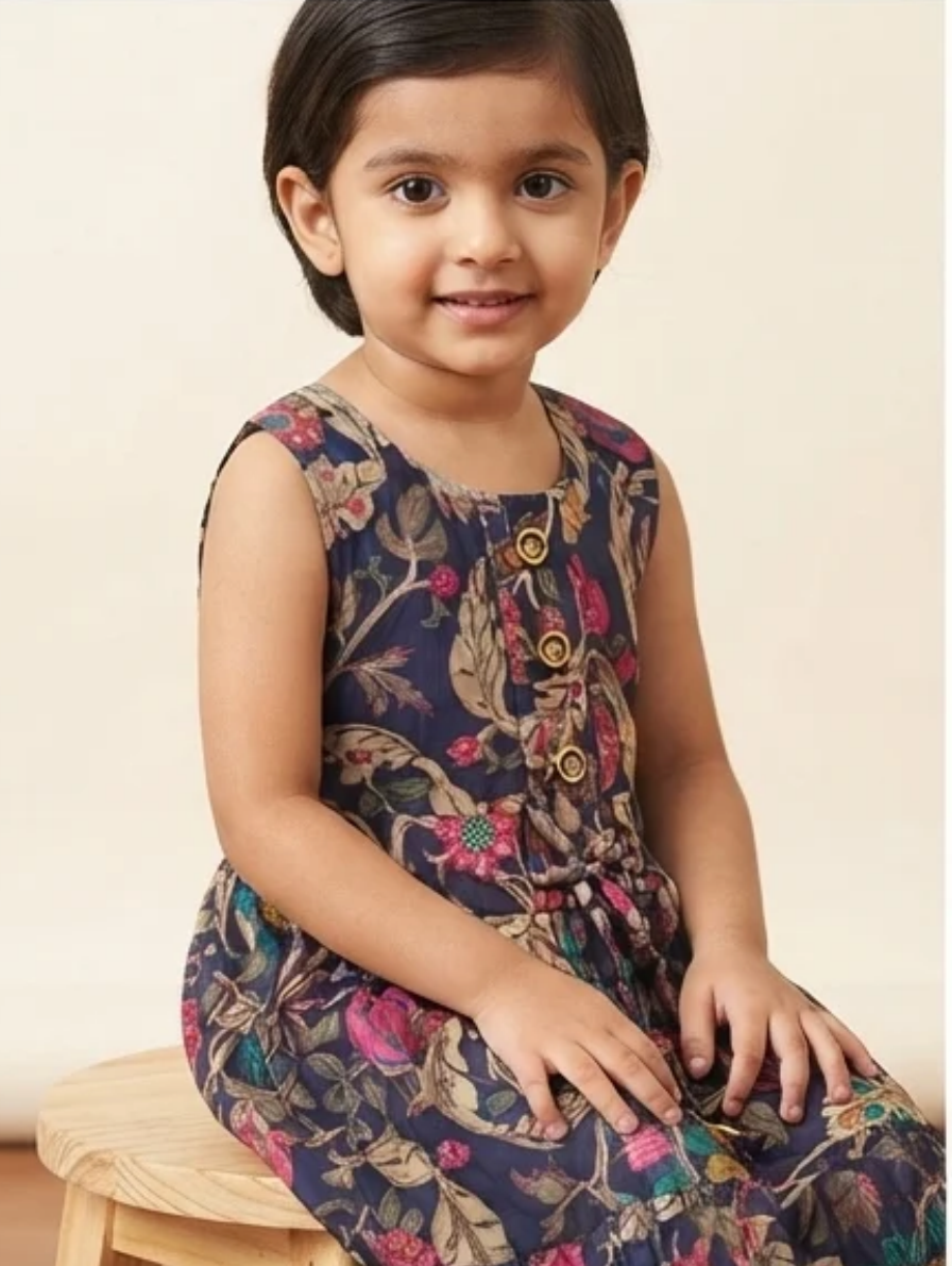 Navy Blue Floral Print Sleeveless Frock