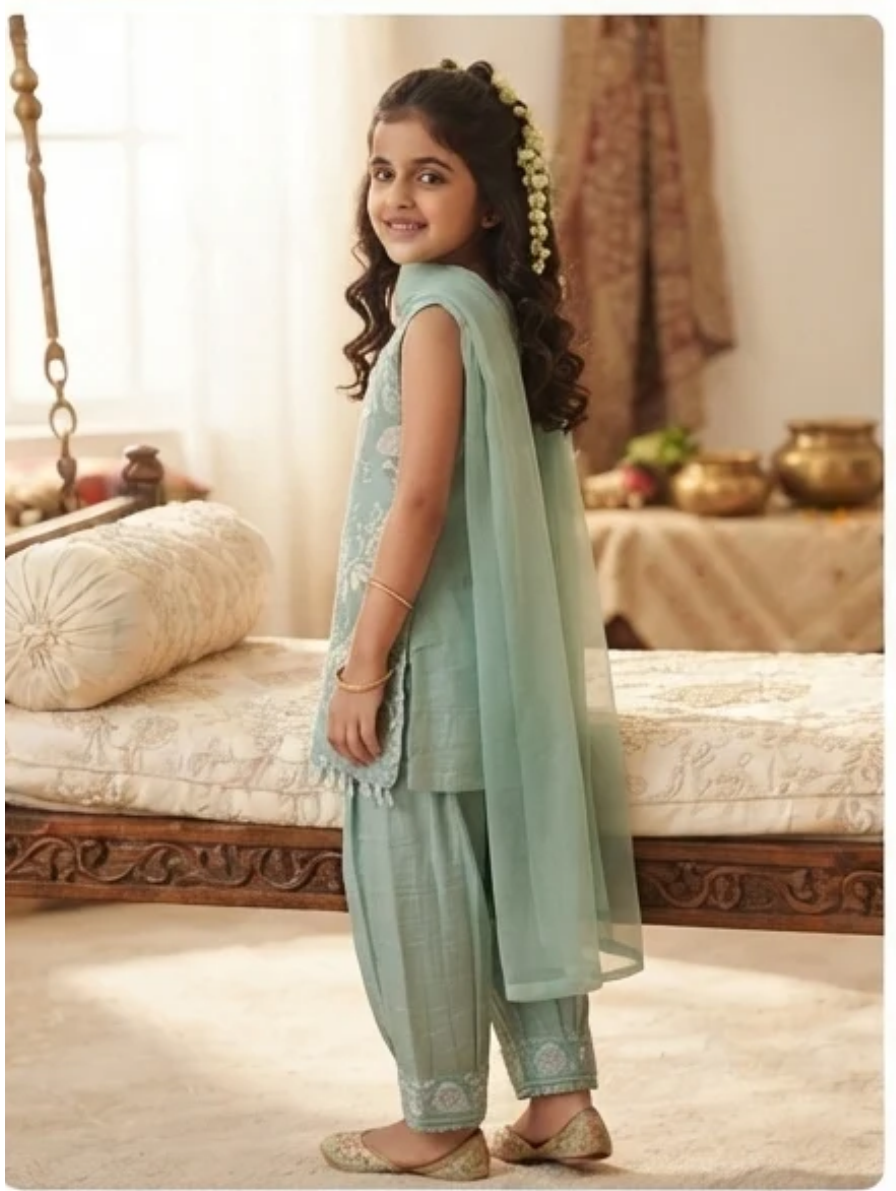 Mint Green Sleeveless Kurti with Cigarette Pants and Sheer Dupatta Set
