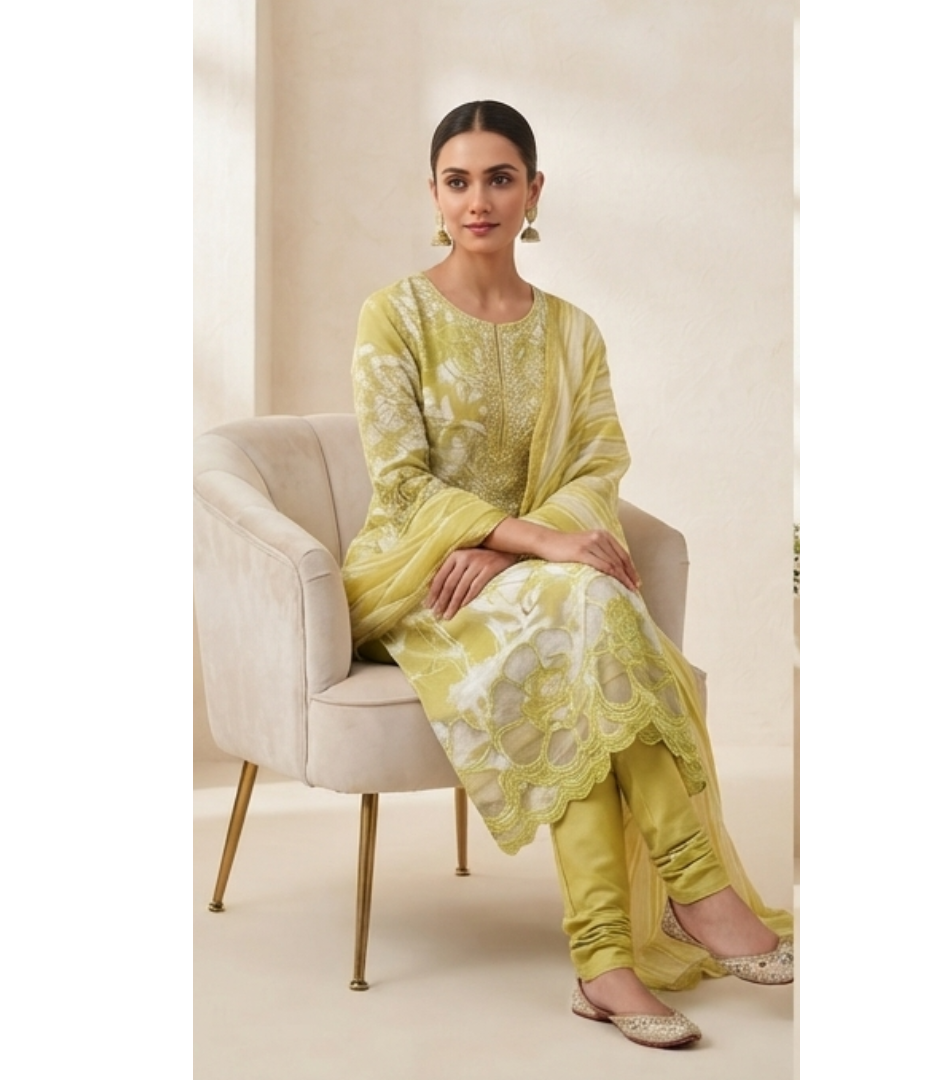 Chartreuse Printed & Embroidered Straight Kurta Set with Striped Dupatta
