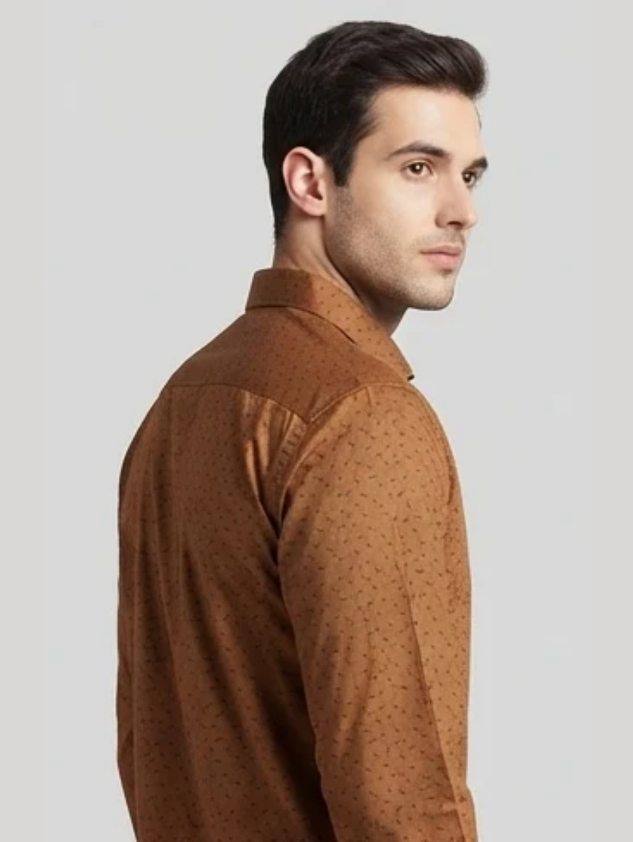 Premium Brown Geometric-Print Slim-Fit Formal Shirt