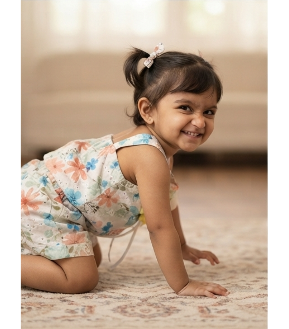 Floral Print Romper with 3D Flower Accents