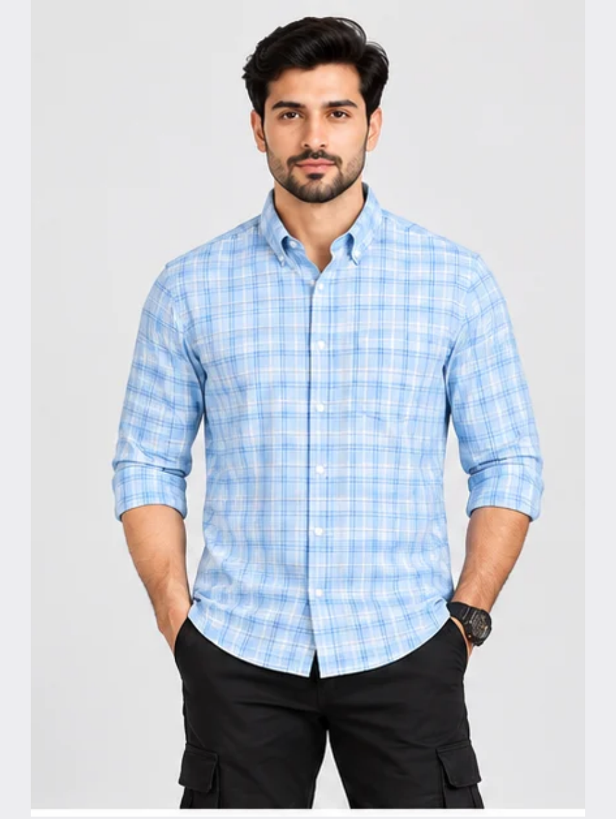 Men's Light Blue Checked Casual Shirt