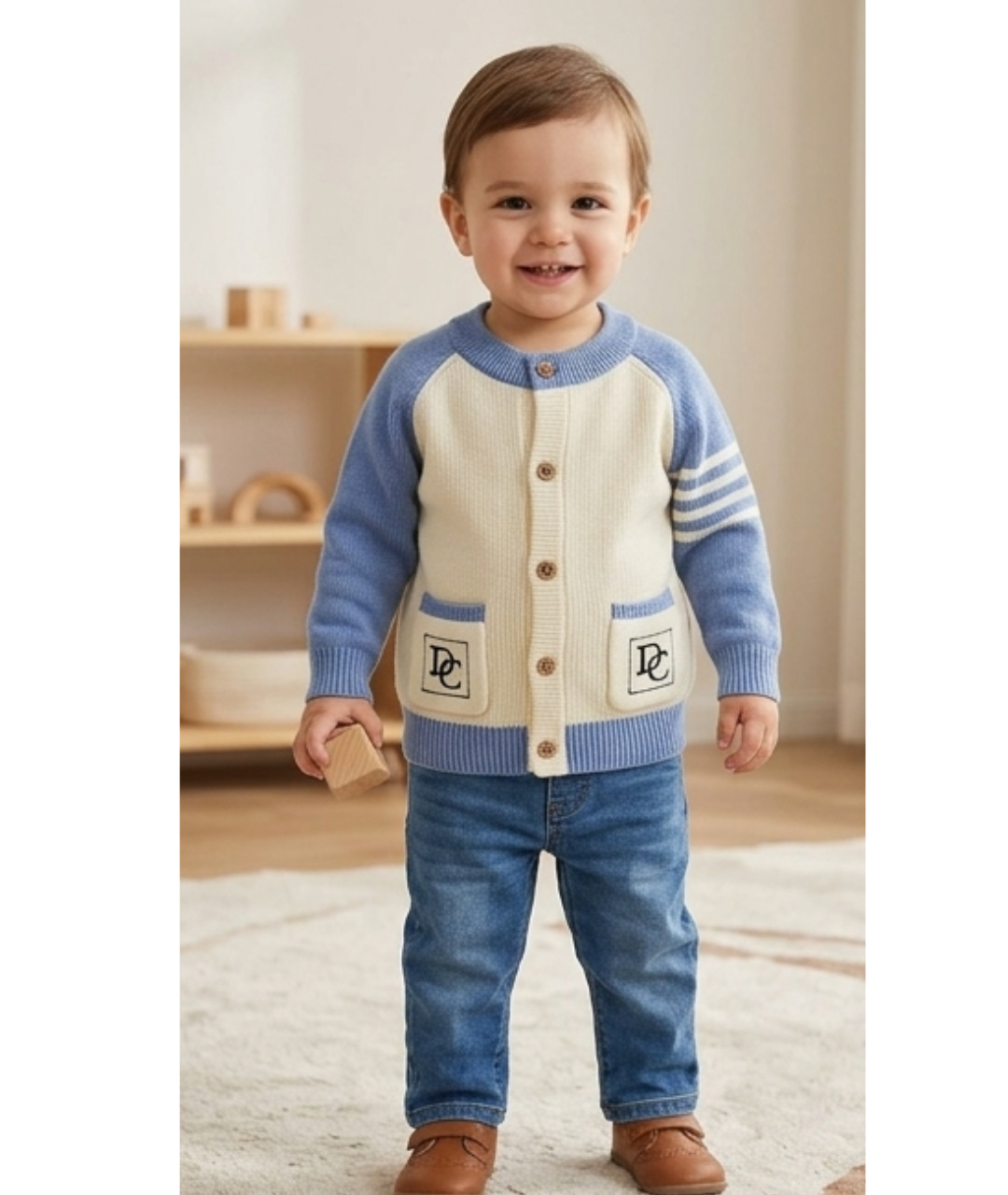 Toddler Boys Monogram Pocket Color block Knit Cardigan – Powder Blue & Cream