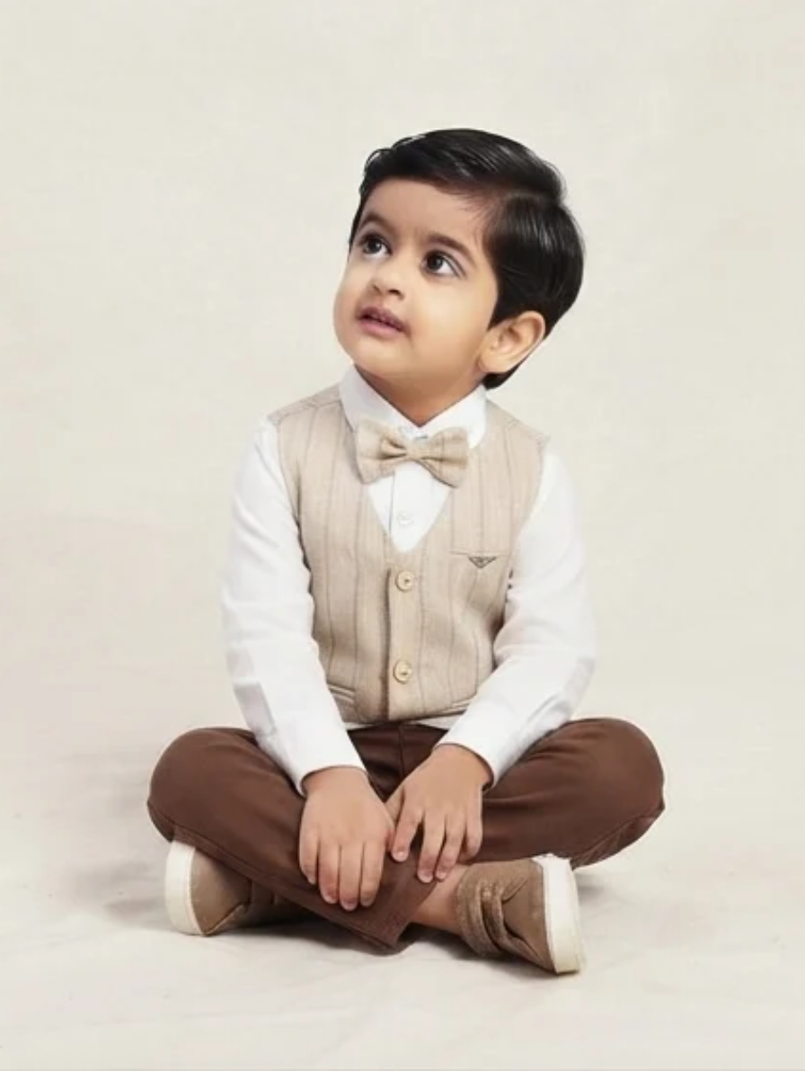Boys Beige Pinstripe Vest Set with Bow Tie & Brown Cargo Pants