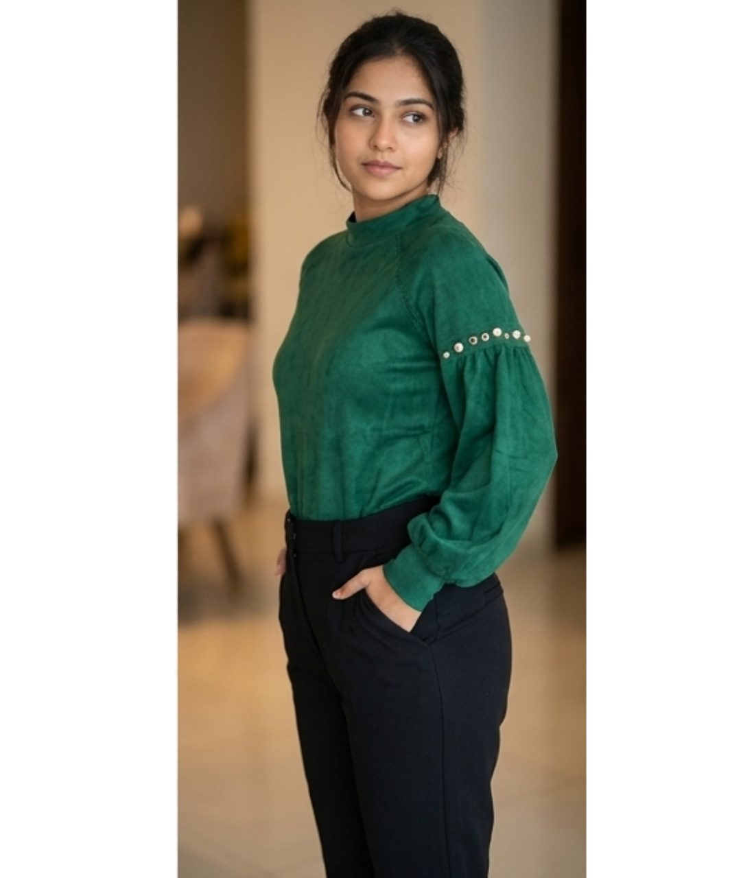 Emerald Green Faux Suede Blouse with Pearl and Studded Puff Sleeves