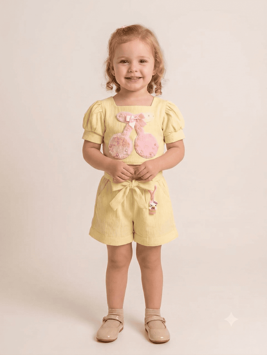Sunny Yellow Cherry Applique Top and Shorts Set for Kids