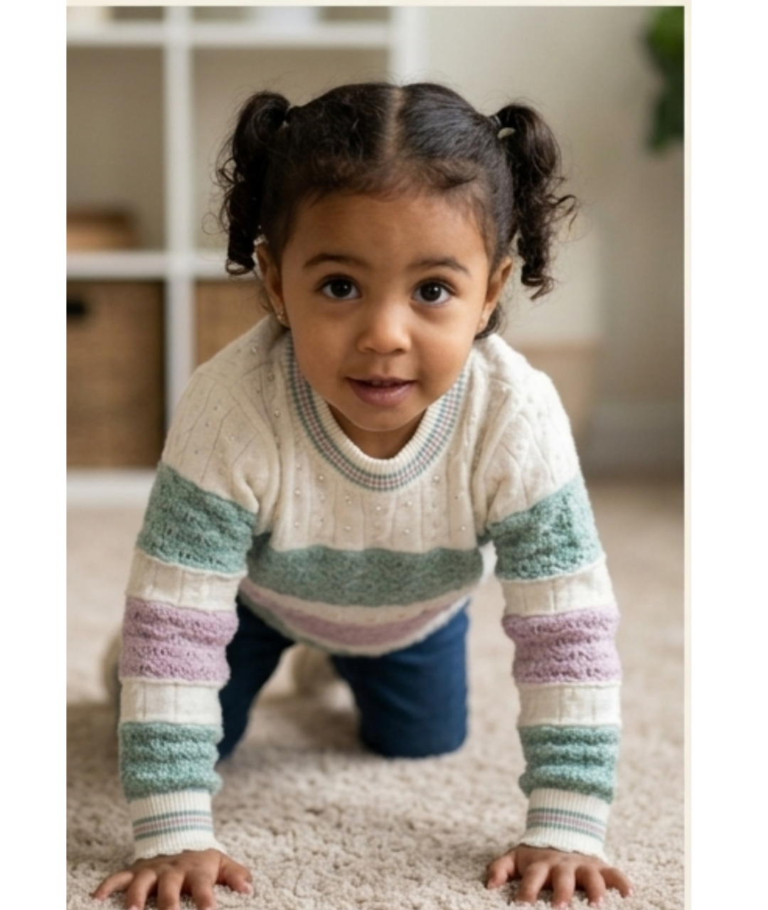 Girls' Multi-Stitch Textured Pastel Striped Sweater – Mint, Lavender, and Cream