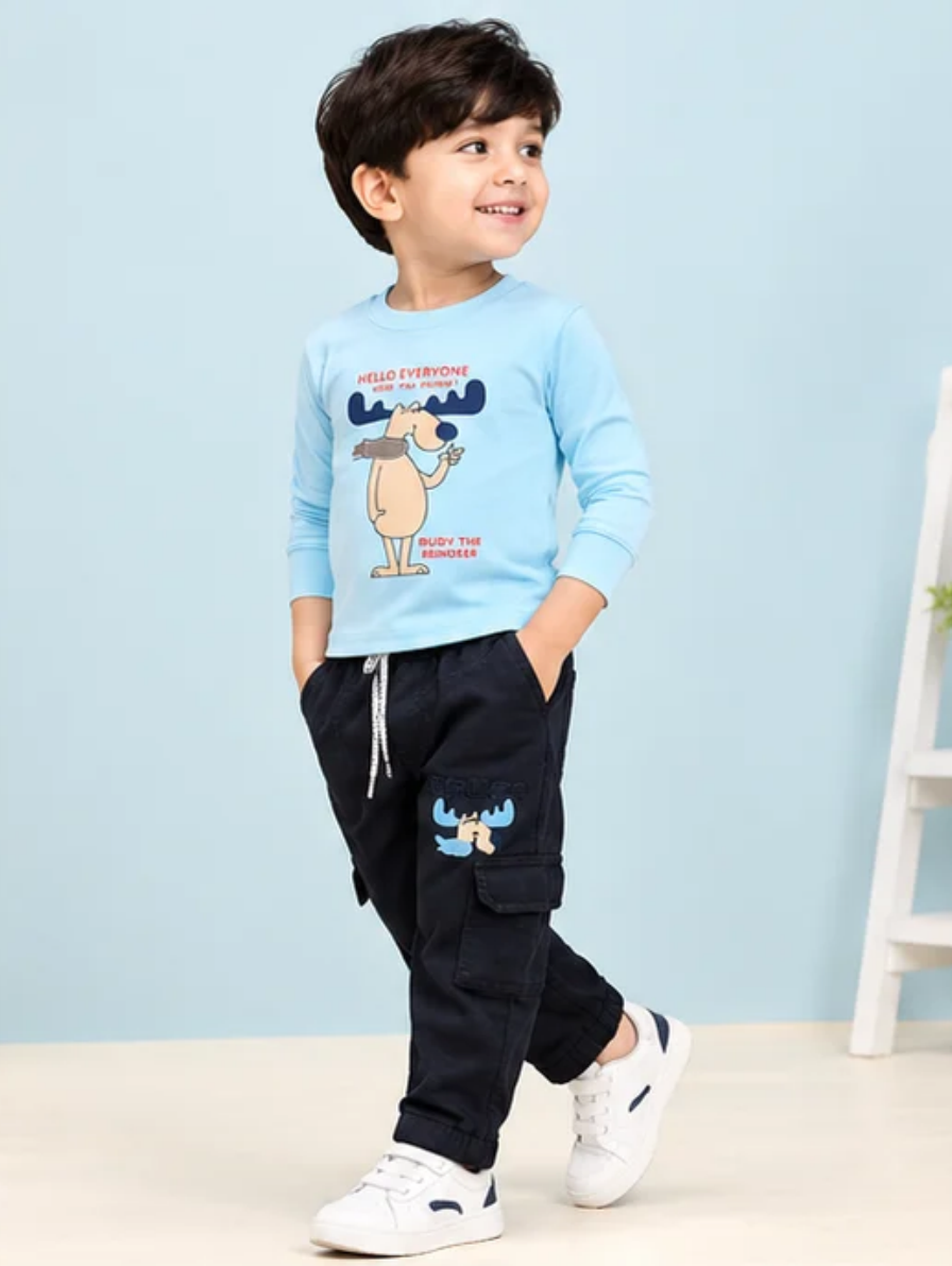 Light Blue Long-Sleeve "Rudy The Reindeer" Graphic T-Shirt & Charcoal Cargo Pants Set